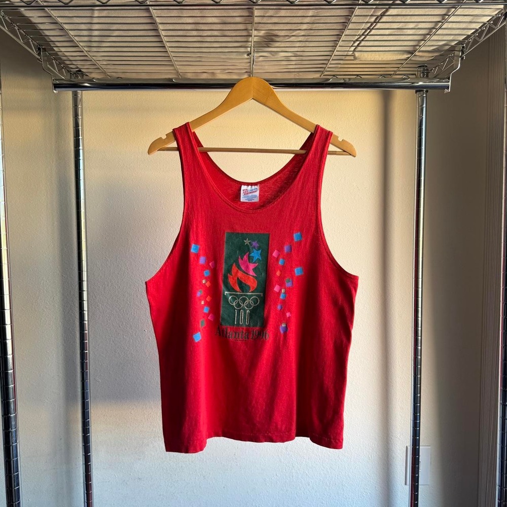 Vintage Hanes Atlanta 1996 Olympics Tank Top Red Graphic Print Mens Medium